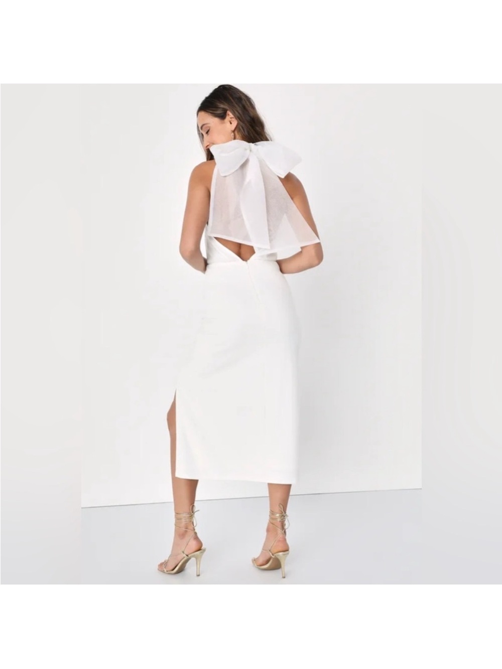 Lulu's White Midi Dress with Sheer Bow Back